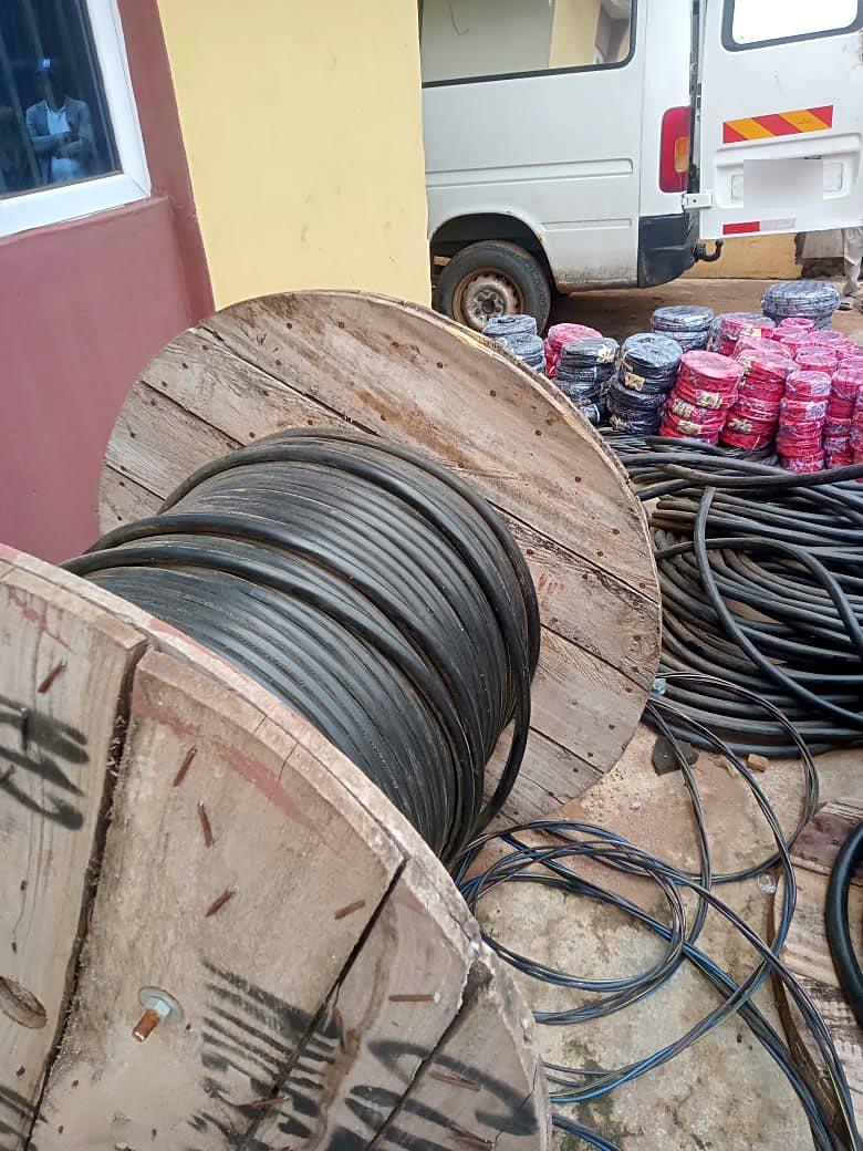 Power cable drum and wiring coils in the yard, ready to load