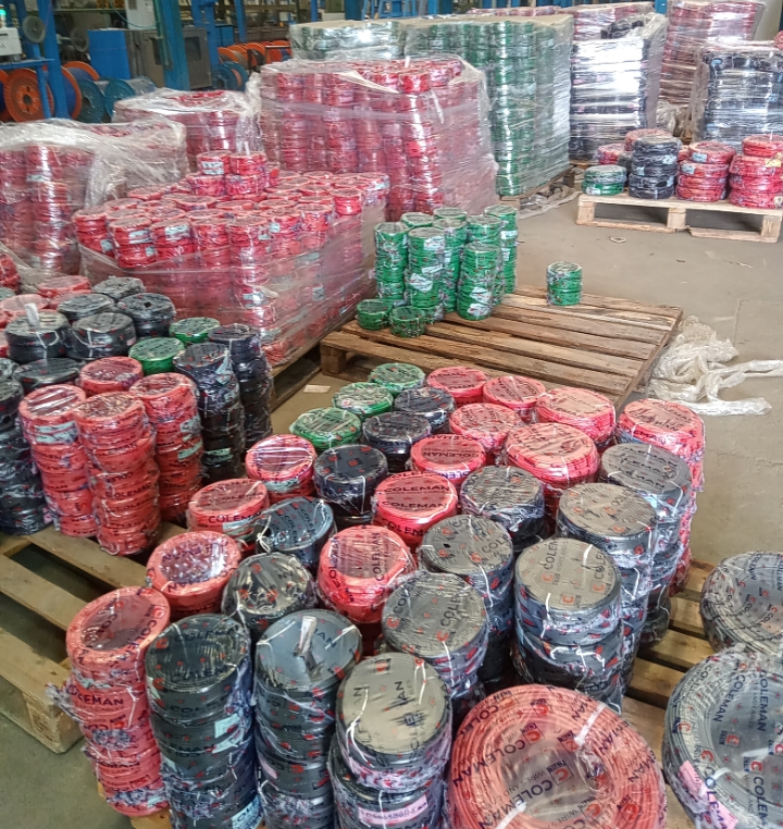 Wiring cable coils palletised in the warehouse